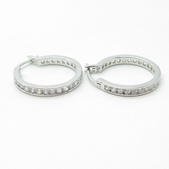 925 Sterling Silver White C Z Cluster All Around Eternity Hoop Earrings - Picture 7 of 9